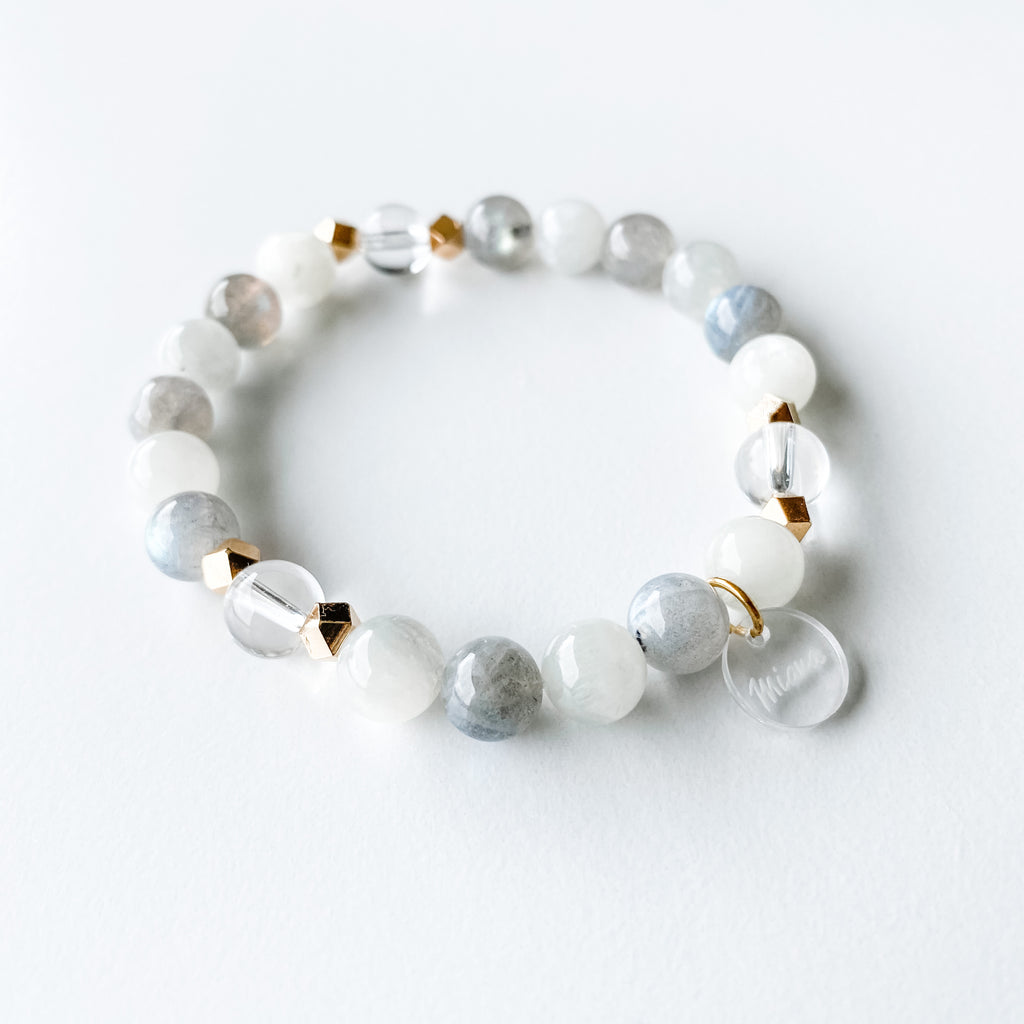 White & Grey Moonstone + Clear Quartz Bracelet