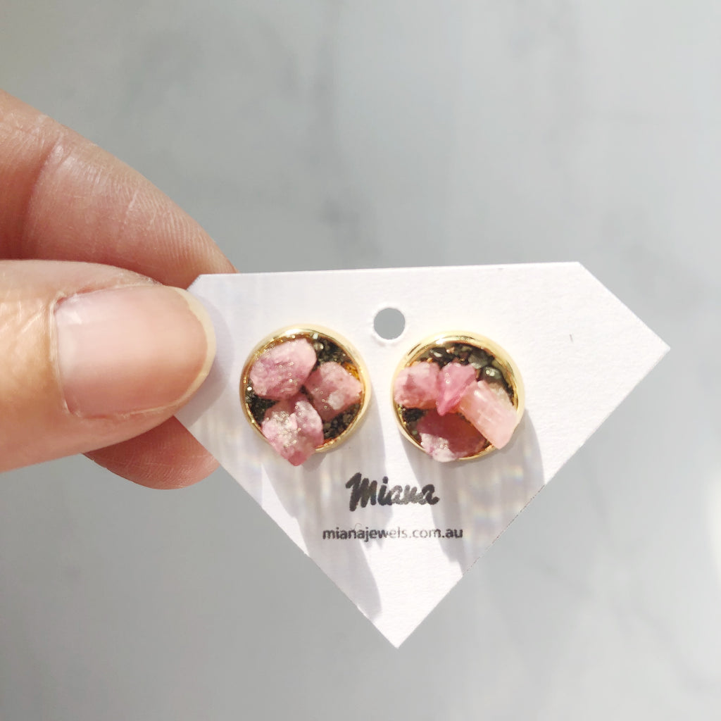 Red Tourmaline + Pyrite Gold Earrings