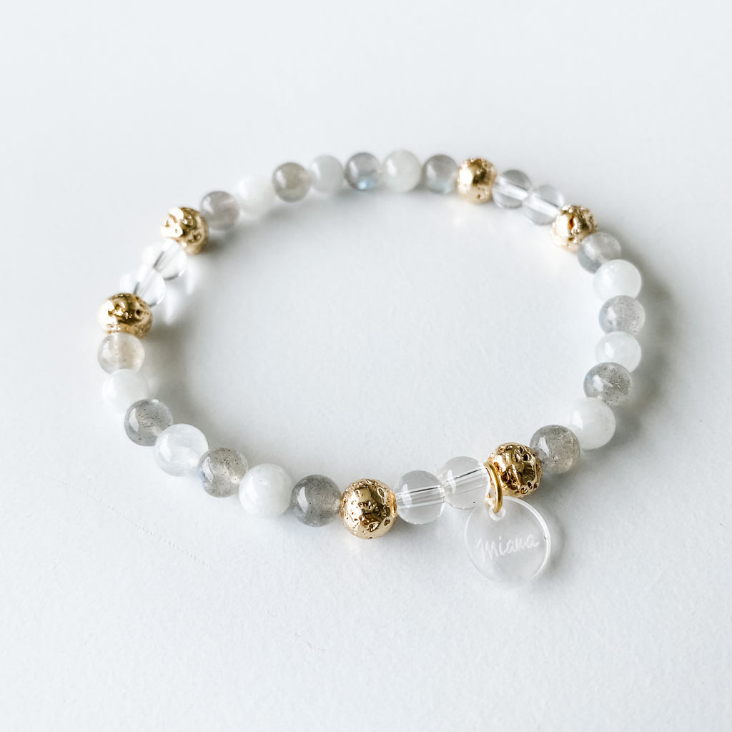 White & Grey Moonstone + Clear Quartz + Gold Lava Bracelet